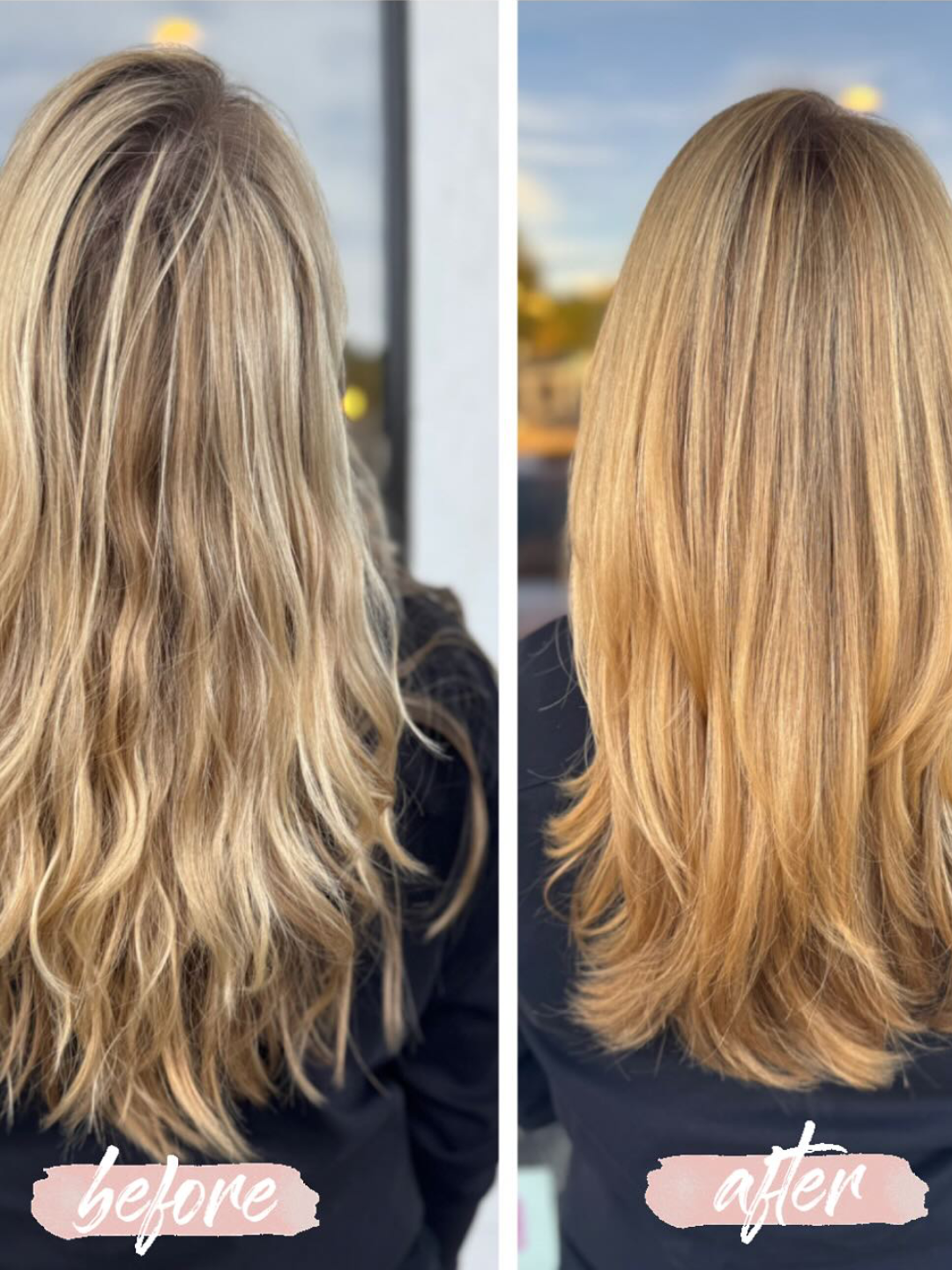 Two-panel hair transformation: left shows frizzy, uneven blonde hair; right shows smooth, straightened blonde with even ends (before vs after).
